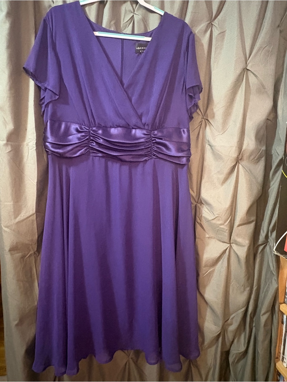 connected apparel Purple Midi Dress with Ruched Satin Waist